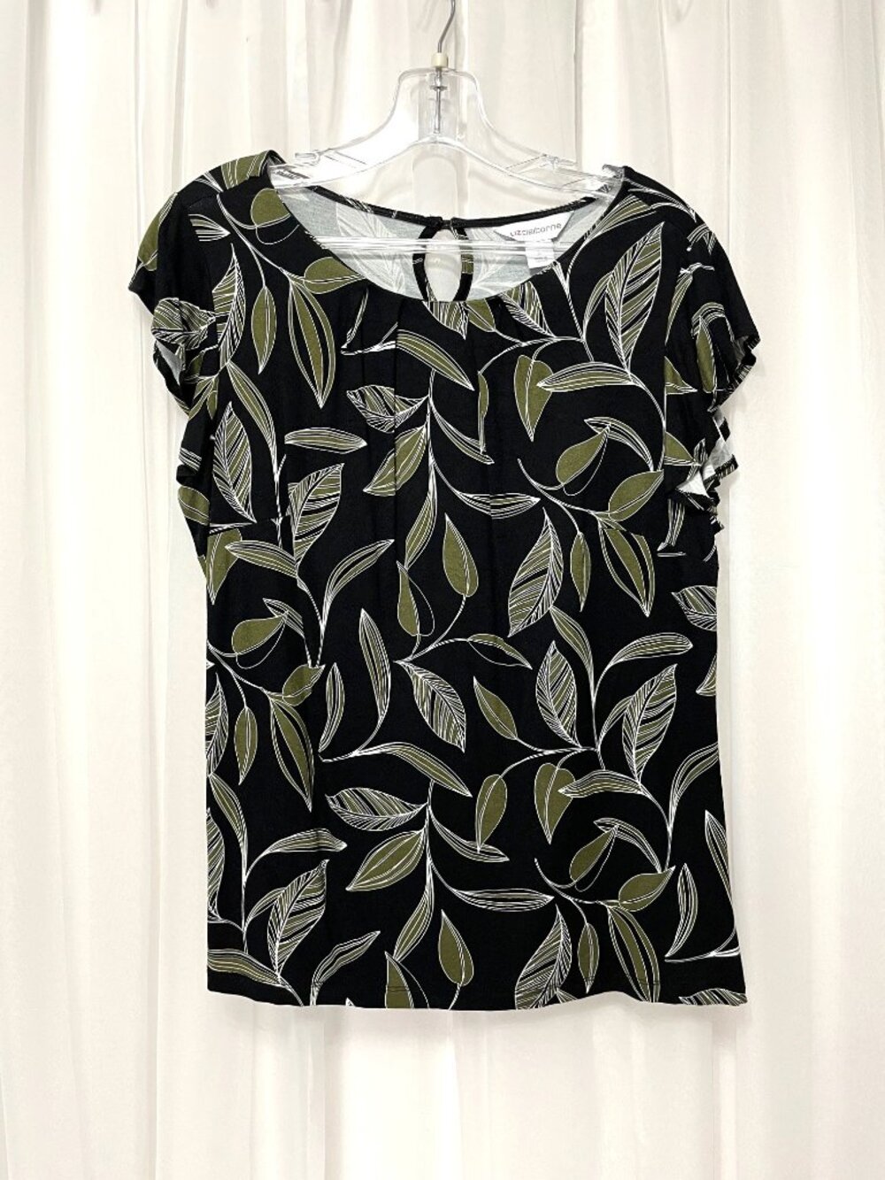 Liz Claiborne Top Women's sz Large Black Green Leaves Floral Short Sleeve Casual